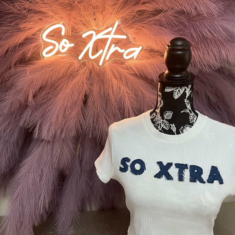 CUSTOM White Tee with Denim 'So Xtra' Design